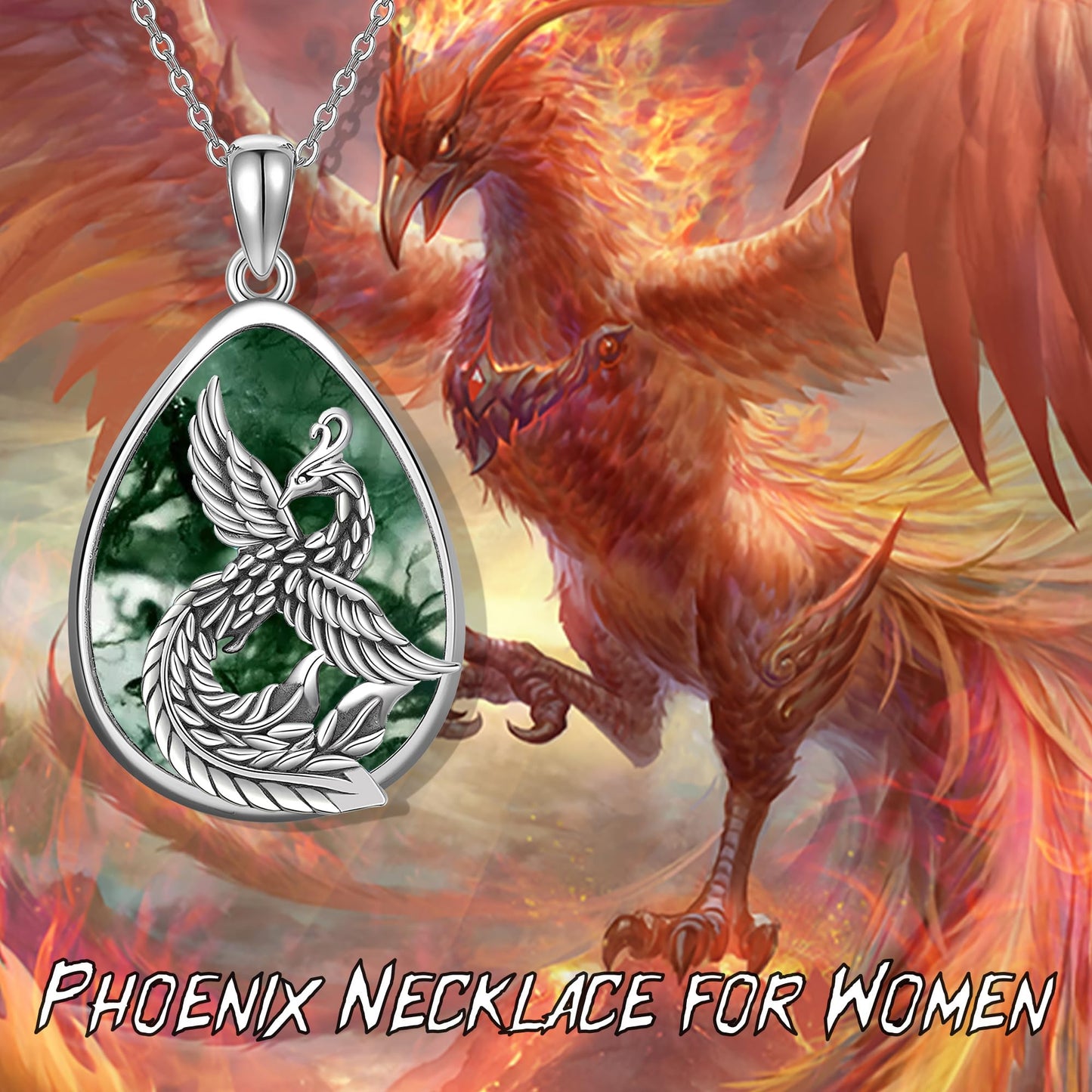 YAFEINI Phoenix Necklace Moss Agate 925 Sterling Silver Phoenix Pendant Mother's Day Jewelry for Women Mom