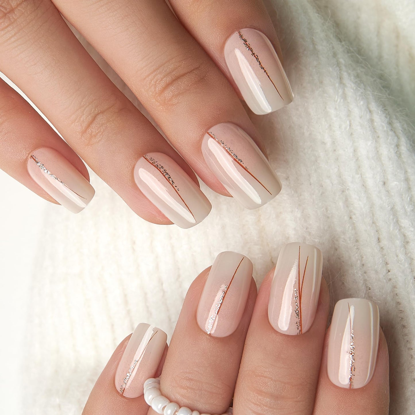 CurvLife Soft Gel Press On Nails – Reusable False Natural Fit Fake Nails Tips Stick Ons, Salon Quality UV Finish (Nude Nails with Glitter Lines, Medium)