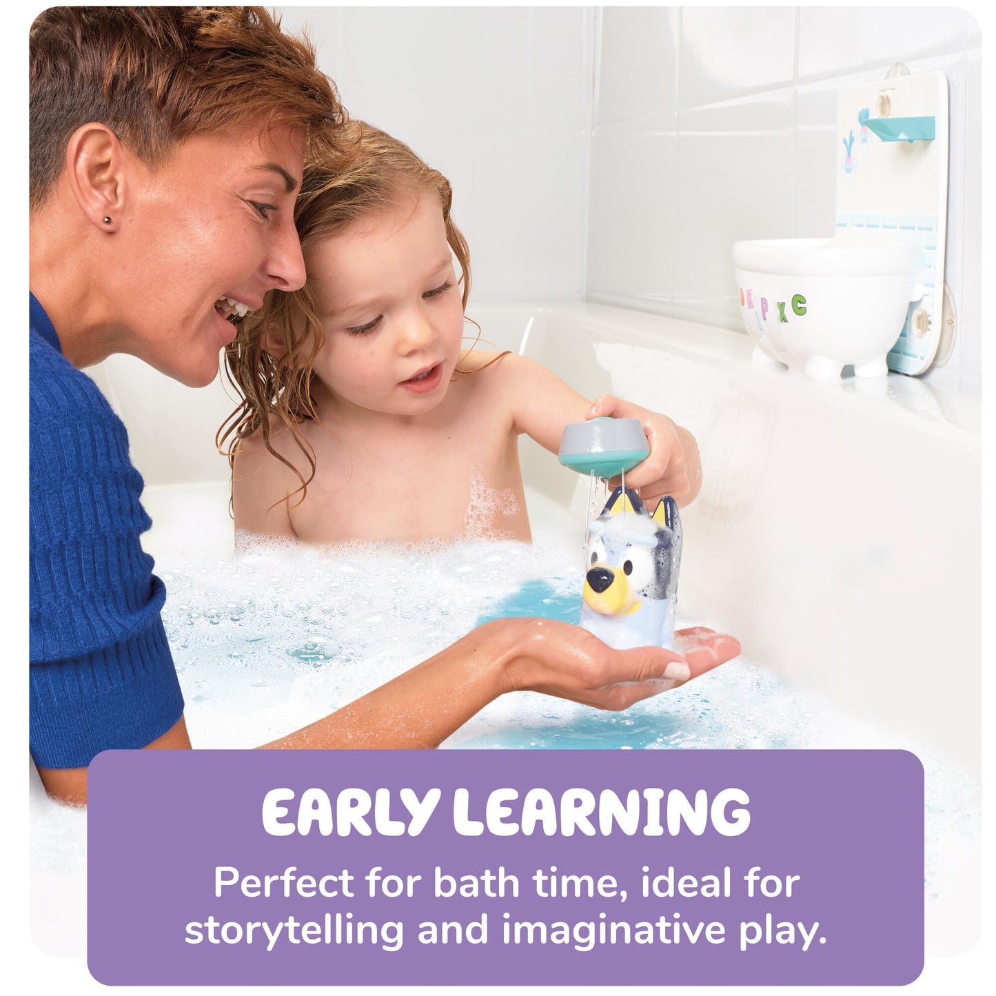 Shower & Scrub Bluey by TOMY Toomies - Create Your Own Bubbles - Includes Rinsing Showerhead and Removable Bluey Toy - Interactive Bath Toys - Ages 18 Months and Up