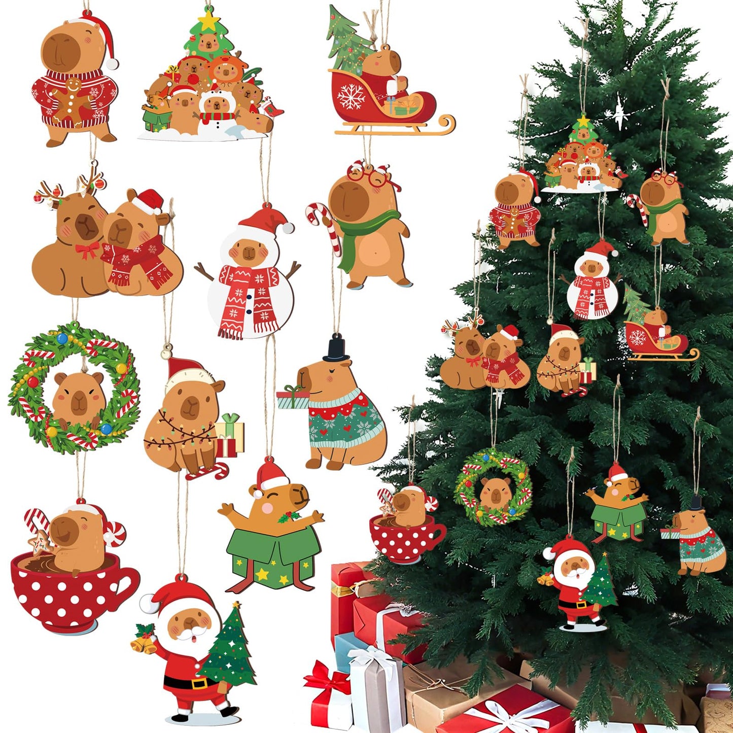 AceOrbit 24 Pcs Christmas Tree Ornaments Capybara Christmas Tree Decorations Capy Xmas Wooded Hanging Xmas Decorations for Stocking Stuffers Capybara Gifts Holiday Halloween Party Supplies