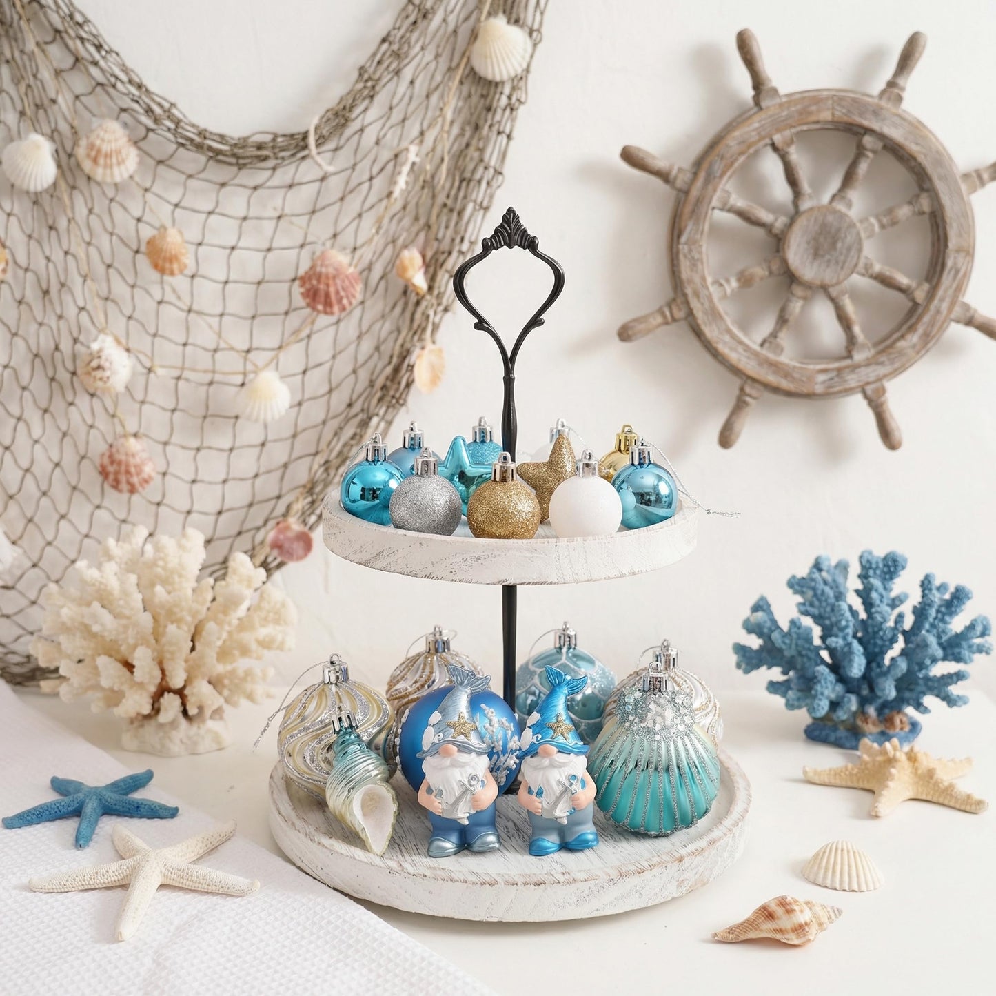 Valery Madelyn Summer Tree Ornaments, 30ct Teal Aqua Blue Shatterproof Beach Coastal Decor, Ocean Themed Christmas in July Tree Decorations, Hanging Gnome Seashell Conch Shell Coral for Tropical Party