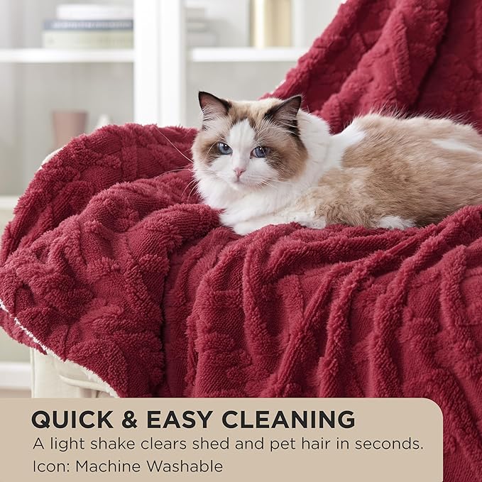 Bedsure Sherpa Fleece Throw Blanket for Couch - GentleSoft Fluffy & Cozy Cable Jacquard Tufted Throw for Women Gift, Thick and Warm Blankets for Winter, Red, 50x60 Inches