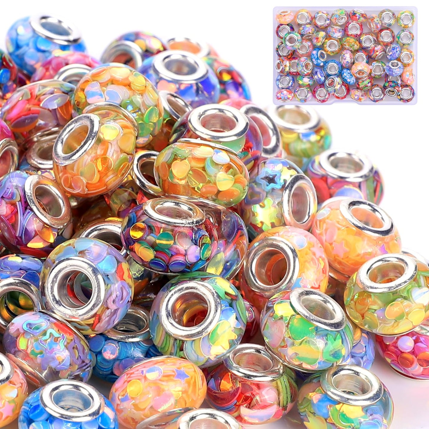AIPRIDY Girls' Lucky Lover Amber Beads, Big Hole Spacer European Craft Beads for DIY Charms Bracelet Jewelry Making (Fishscale Silver Core)