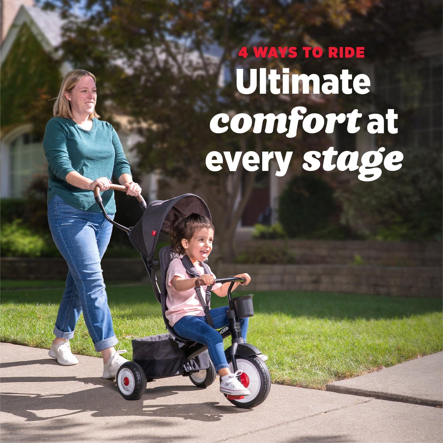 Radio Flyer City 4-in-1 Stroll 'N Trike, Black, for Riders 1-5 Years Old, 4 Riding Modes, 3 Point Harness with Comfort Pad, Parent Controlled Steering, Rear Storage, Stroller Tricycle for Toddlers