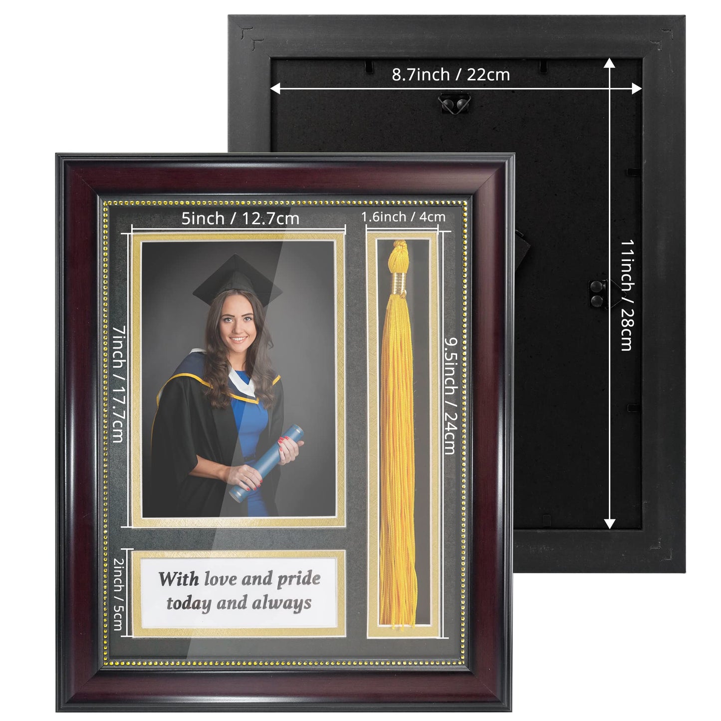 GraduationMall Graduation Photo Shadow Box Frame with Tassel Holder for 5x7 Pictures,Real Glass,Black over Gold Double Mat,Wall & Tabletop Design