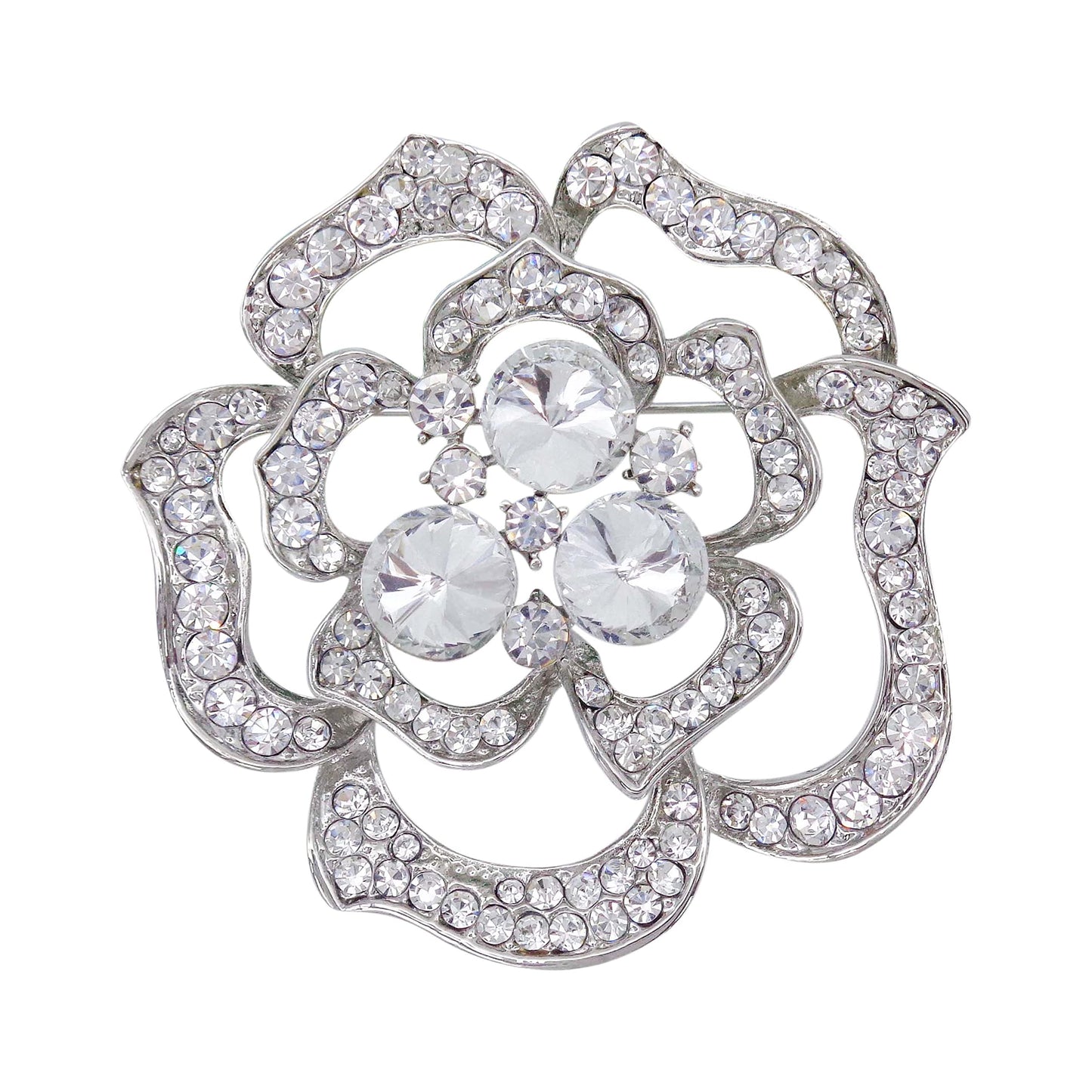 Navachi 18k White Gold Plated Clear Crystal Blooming Rose Flower Az7440b Brooch pins