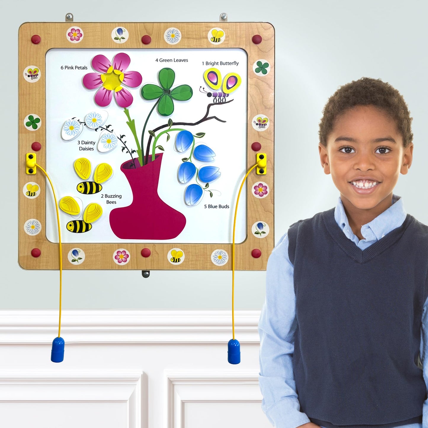 Playscapes Magnetic Toddler Activity Wall Panel Toy – Interactive Wall Busy Board – Melamine Frame & Acrylic Panel with 2 Wands – Easy Installation, No Loose Pieces, Easy-to-Clean – Flower/Bees Design