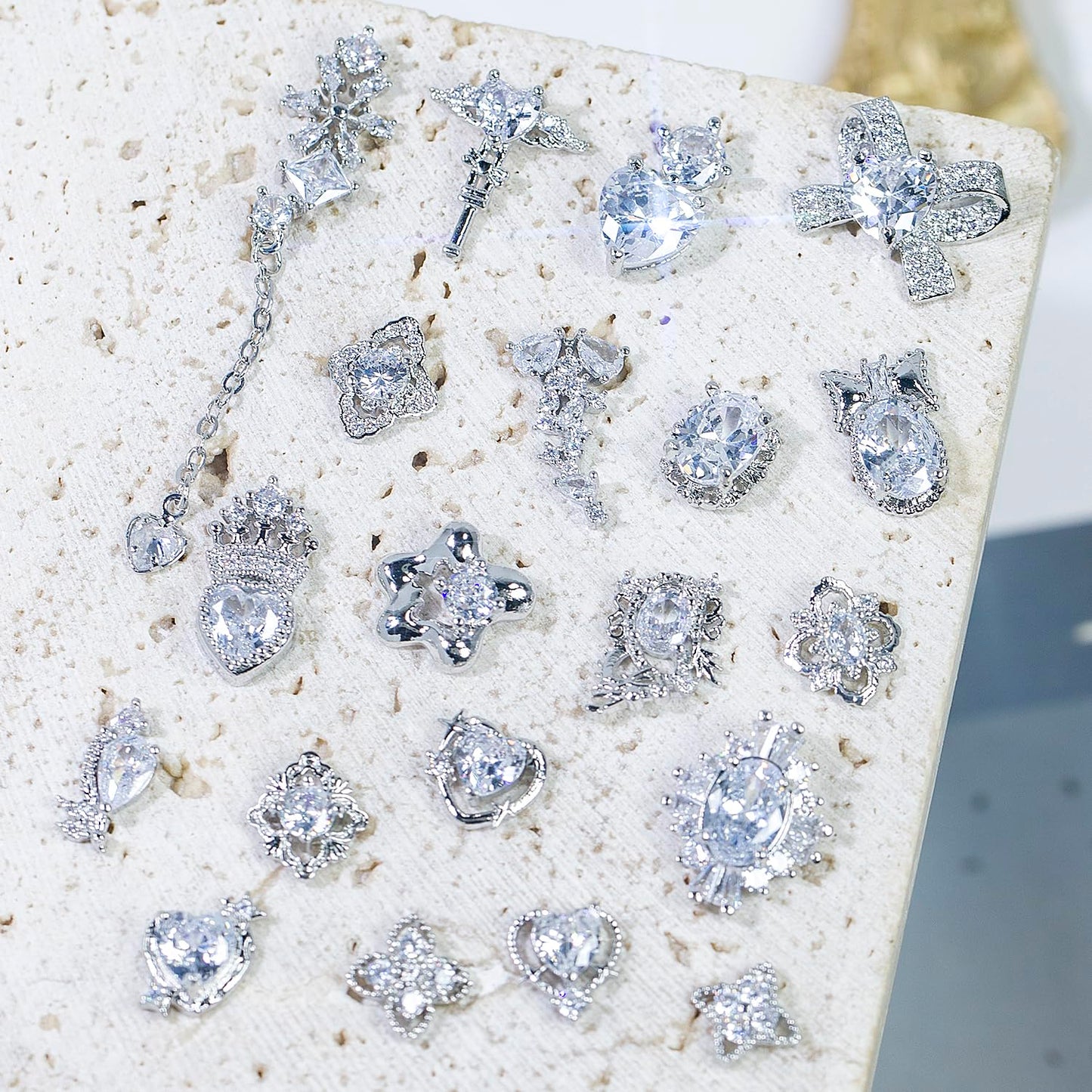 HNUIX Nail Charms and Gems - Silver Copper Zircon, Multiple Shapes 3D Dangle, Metal Luxury Jewelry Rhinestones for Nails 20 Pieces