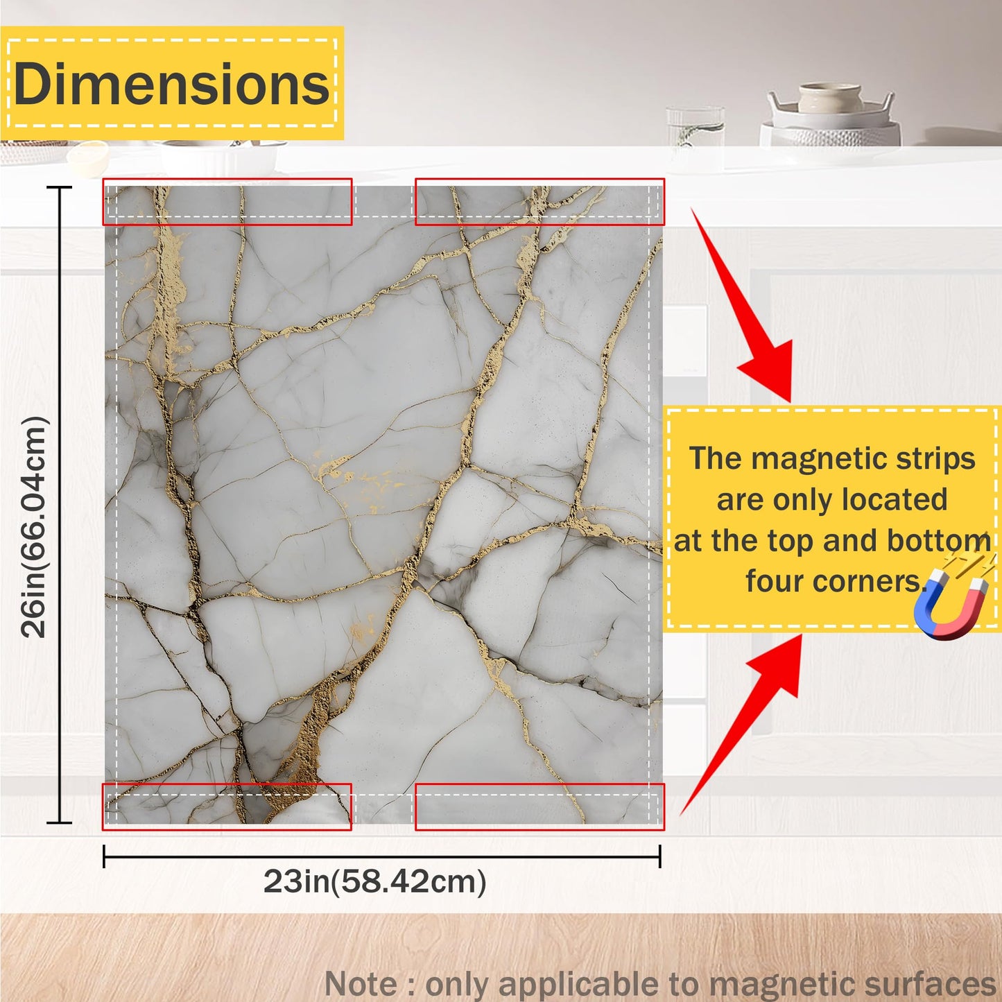 Texture Marble Dishwasher Magnet Cover,Gold White Kitchen Decor Waterproof Refrigerator Magnet Sticker Appliance Cover Protector,23Wx26H Inches