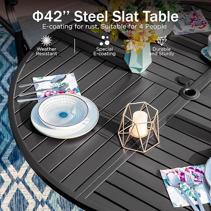 PHI VILLA 5 Pieces Outdoor Dining Set for 4, 42" Round Black Metal Table with Umbrella Hole & Wrought Iron Swivel Chairs, Large Outside Furniture with Blue Cushions & Pillows for Patio, Deck, Porch