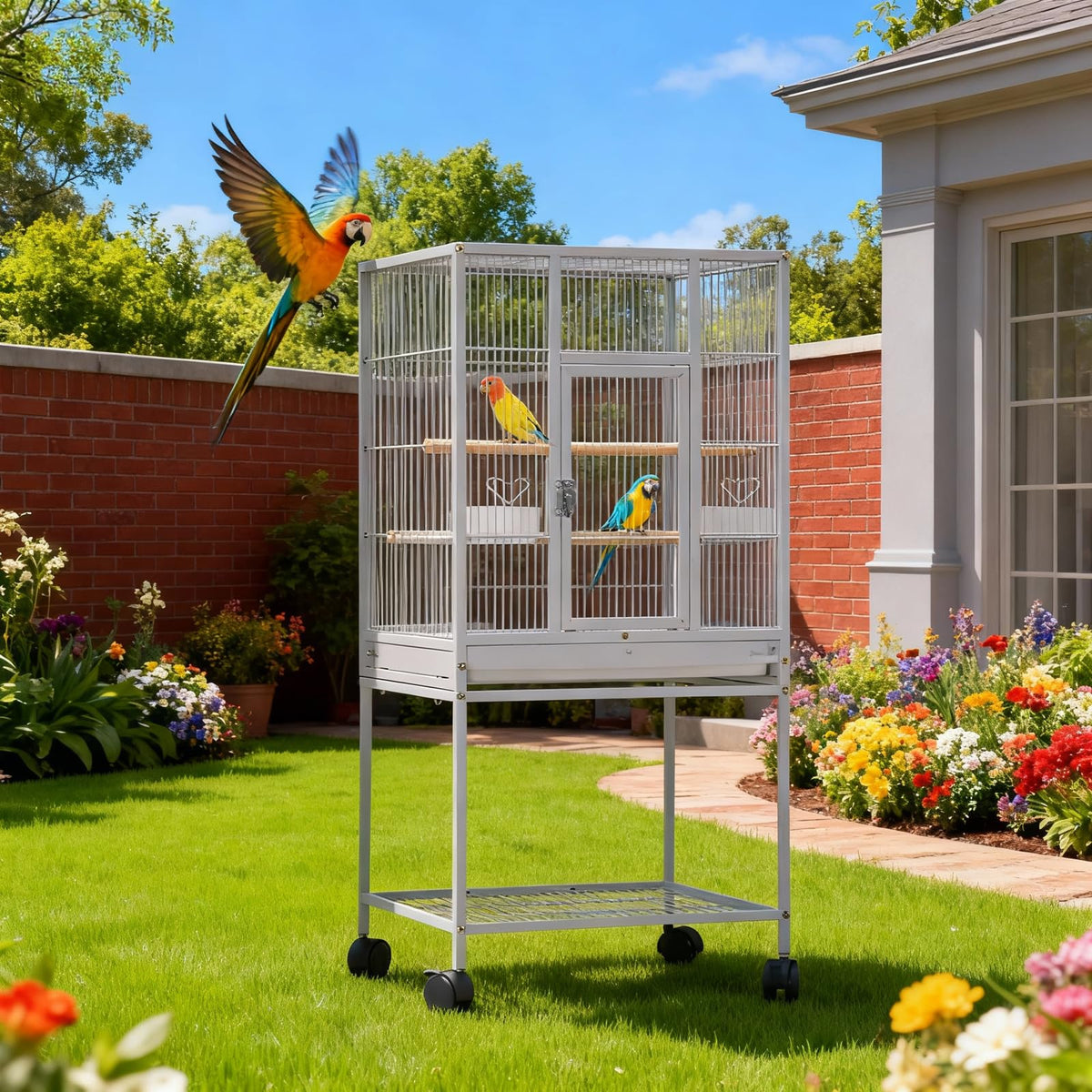 41'' Wrought Iron Birdcage with Detachable Rolling Stand & Feeder, Large Bird Cage with Secure Lock & Slide-Out Tray, Indoor Outdoor Bird Cage on Wheels,Parrot Cages for Parakeets, Pigeons, White