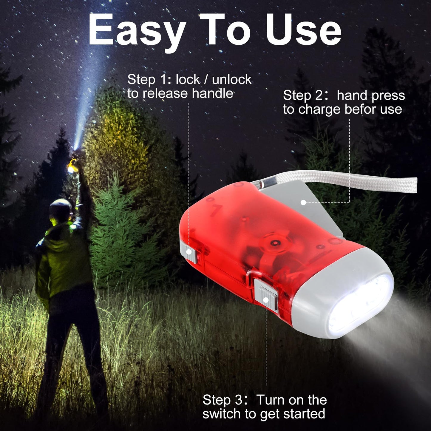 Leelosp 48 Pcs Hand Crank Flashlight No Battery Required Cranked Flashlight Manual Press Flash Light Squeeze Light for Camping Hiking Power Outage Gift (Red Blue Yellow Gray)