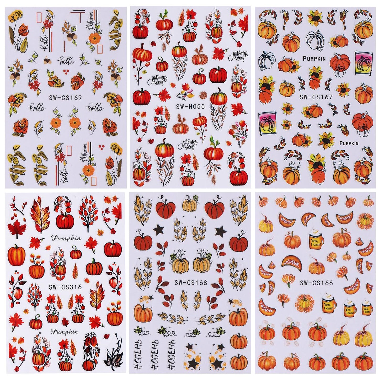 6 Sheets Thanksgiving Nail Art Stickers 3D Self -Adhesive Fall Maple Leaf Nail Decals Holographic Flower Pumpkin Nail Stickers Autumn Thanksgiving Nail Staickers Decoration for Women DIY Manicure