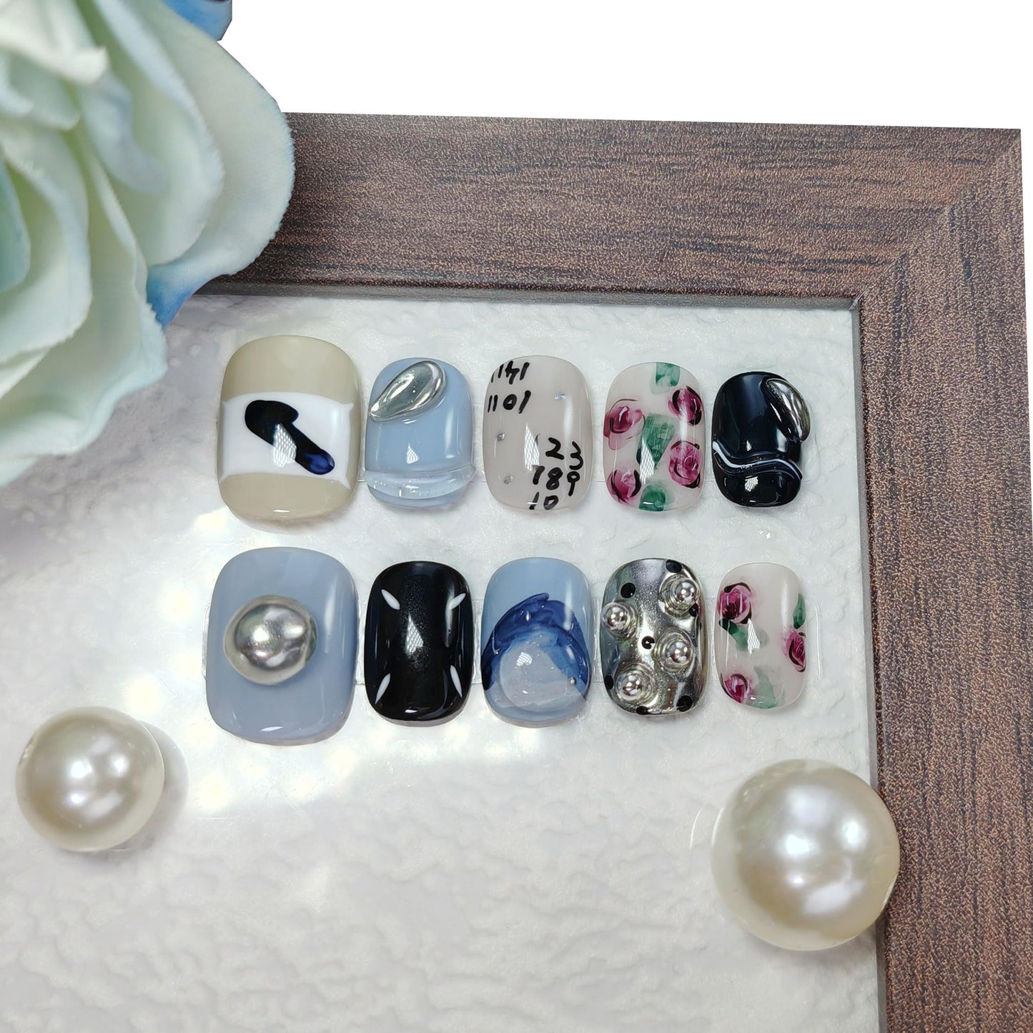 Short Square Press on Nails Handmade False Nails with 3D Designs/Charms, Cute Reusable Fake Stick on Acrylic Tips (Light Blue+Rose, Medium)