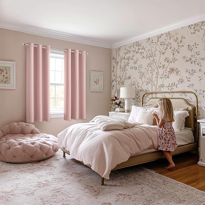 MIULEE Baby Pink Blackout Curtains - Bedroom Window Treatment Curtains Thermal Insulated Room Darkening Drapes for Living Room Kitchen Grommet Top Light Blocking Drapery, 40 x 45 Inches Long, 2 Panels
