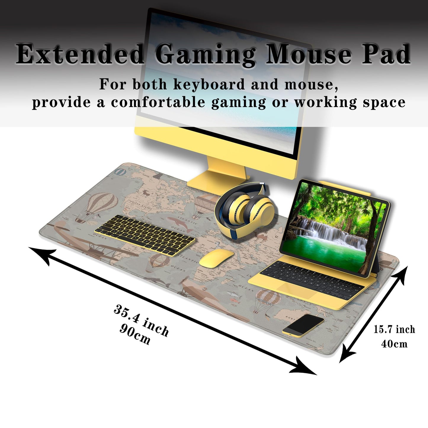 Samgula Gaming Mouse Pad Retro World Map, Large Desk Pads Computer Desk Mat, Non-Slip Rubber Base, 35.4 x 15.7 Inch for Work/Game/Office/Home