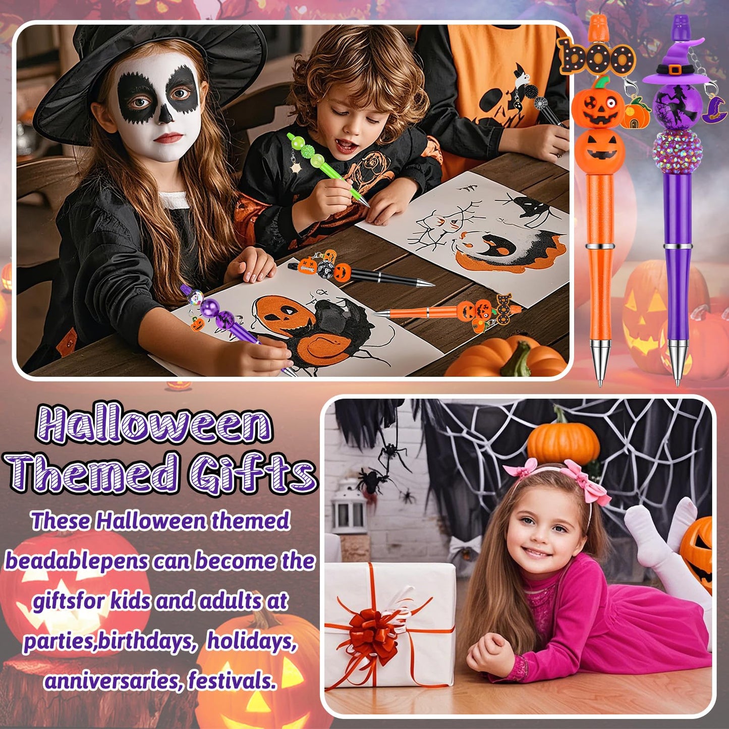 12 Sets Halloween Beadable Pens DIY Pen Making Kit with Bubblegum Beads Silicone Focal Beads - Craft Beads Charms Ballpoint Pens for Halloween