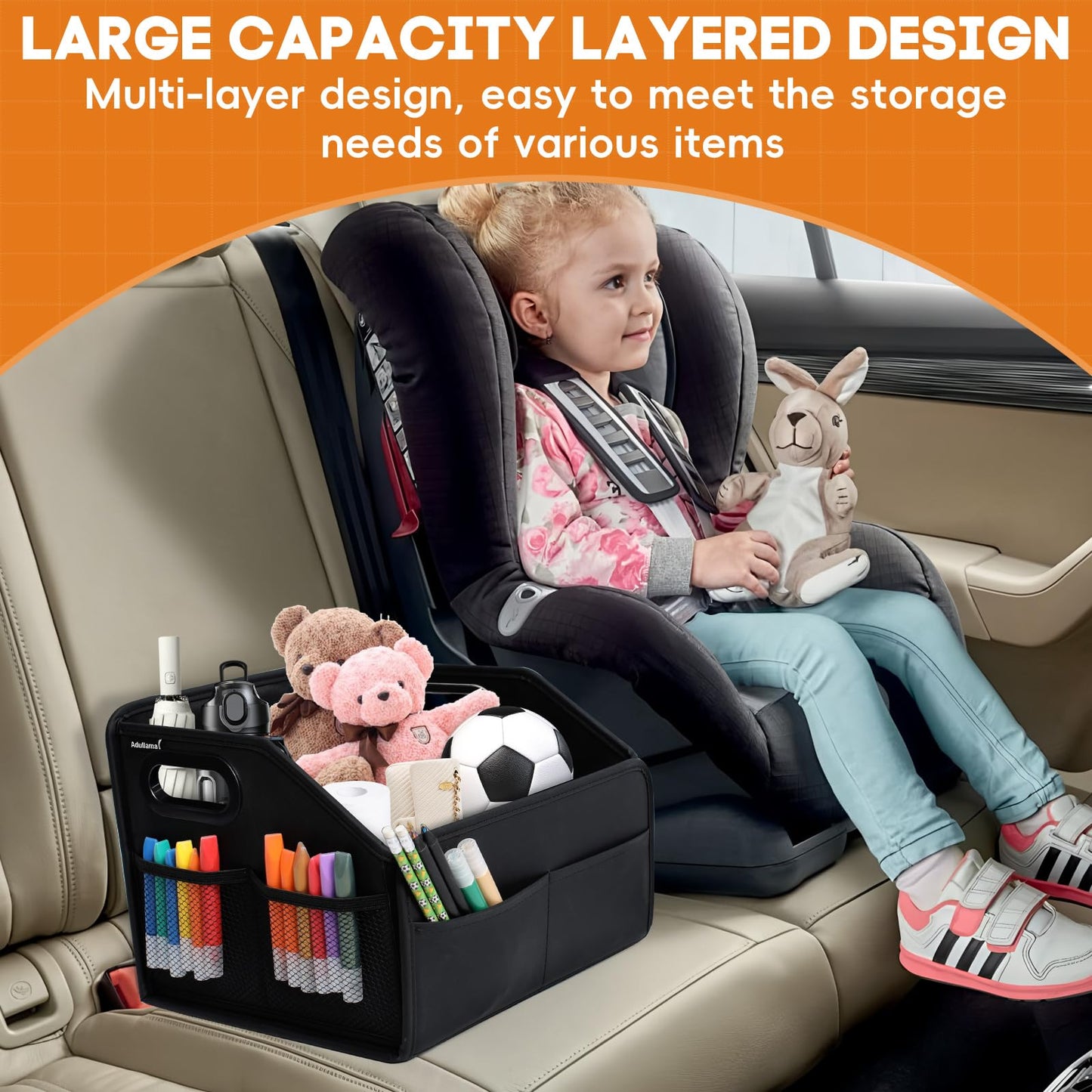 Adullama Car Storage Organizer Reinforced Dividable Leather Car Caddy Basket for Front Seat Floor Back Sturdy Frosted Handle 8 Compartments Adjustable Strap Buckles Slip-Resistant (Normal)