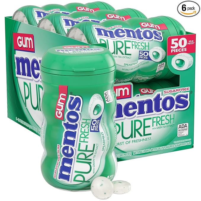 Mentos Pure Fresh Sugar-Free Chewing Gum with Xylitol, Spearmint, 50 Piece Bottle (Bulk Pack of 6)