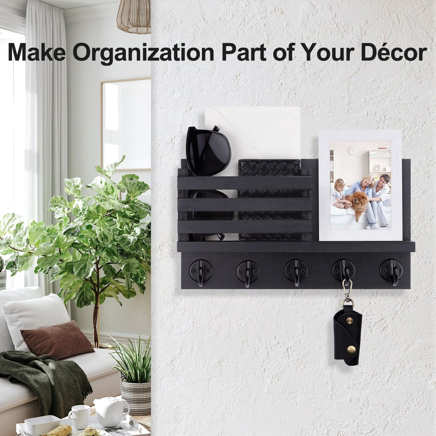 Lwenki Key Holder for Wall – Decorative Wooden Mail Holder and Key Shelf with Mounting Hardware, Installation Guide – Paulownia Wood with Metal Key Hooks (Black, Large - 11.8inch)