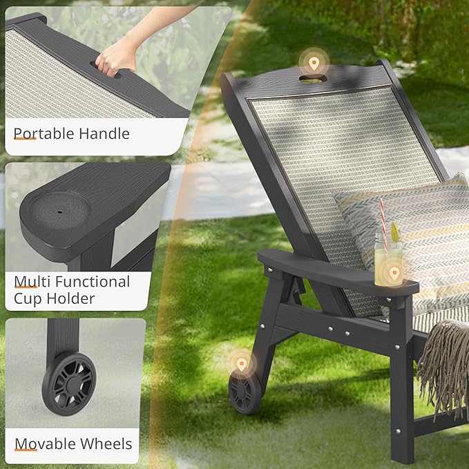 LUE BONA Chaise Lounge Chair Outdoor Set of 4, HDPS and HDPE Wicker Material, Patio Lounge Chair with Adjustable Backrest, Resin Pool Lounge Chairs with Wheels for Backyard, Poolside and Deck