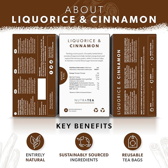 Nutra Tea - Liquorice & Cinnamon Tea | Licorice Tea | Cinnamon Tea - 20 Tea Bags - Herbal Tea - (1 Pack)