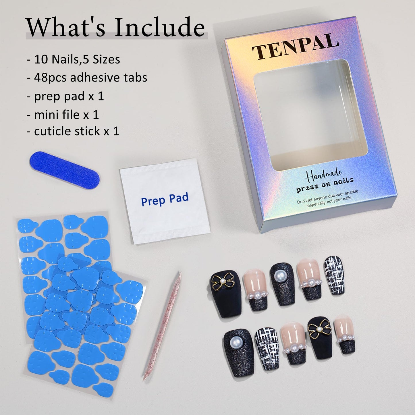 TENPAL Handmade French Tips Press on Nails Medium,Black Gold Pearl & Bow Tweed Coffin Nails,Detachable Luxury Heirloom Elegance Glue on Nails for Fair Skin,Acrylic Wedding Nails for Women(S)