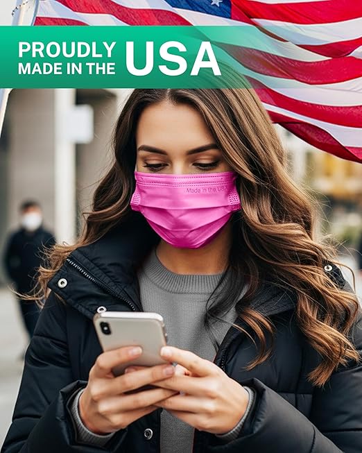 Disposable Face Masks Made in USA, 4 Ply for Families, Students, Breathable All-Day Wear & Safety, FSA HSA Eligible, ASTM Level 3 Medical Grade, 50 Pack, Rose Red