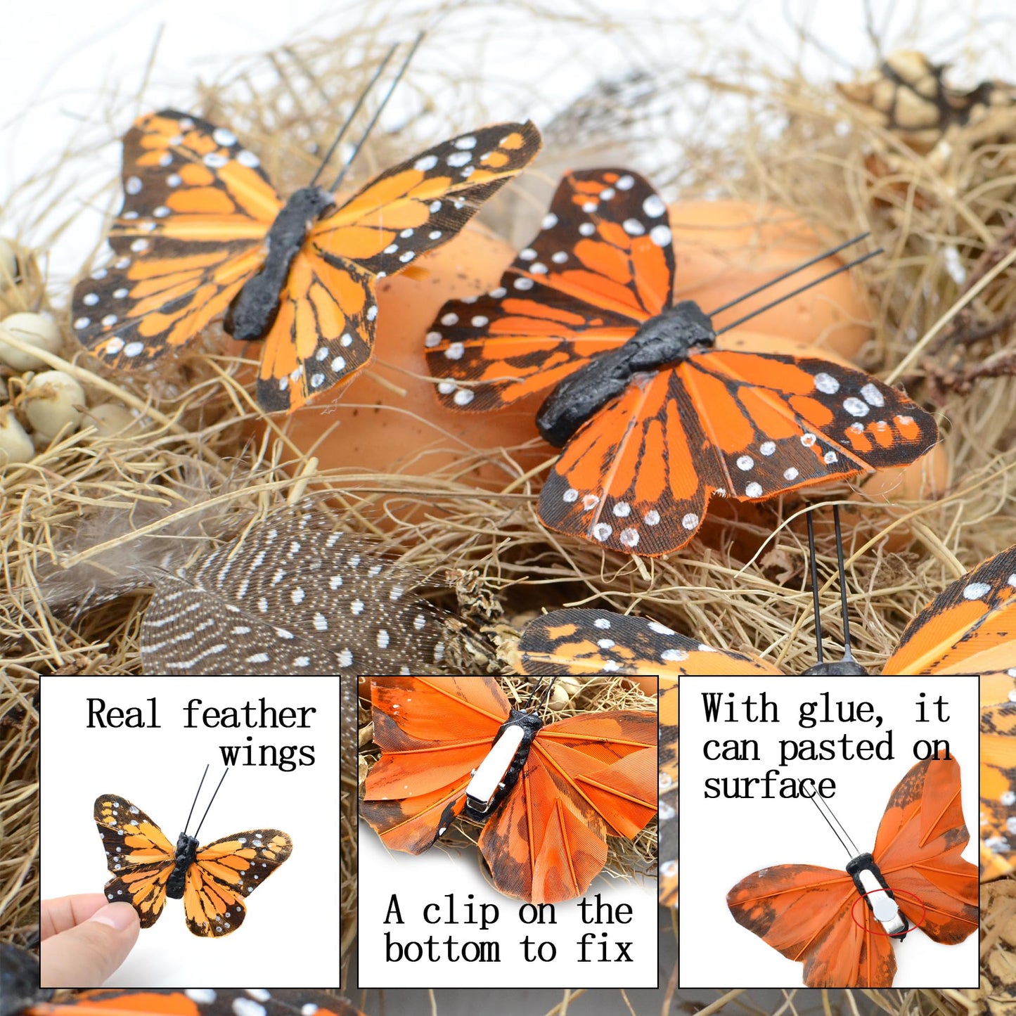 24pcs Monarch Butterflies Monarch Butterfly Decorations Kit with Clip for Dia de Los Muertos Decorations Halloween Decorative Butterflies Handmade Feather Butterfly - 2.25 inch KP06C