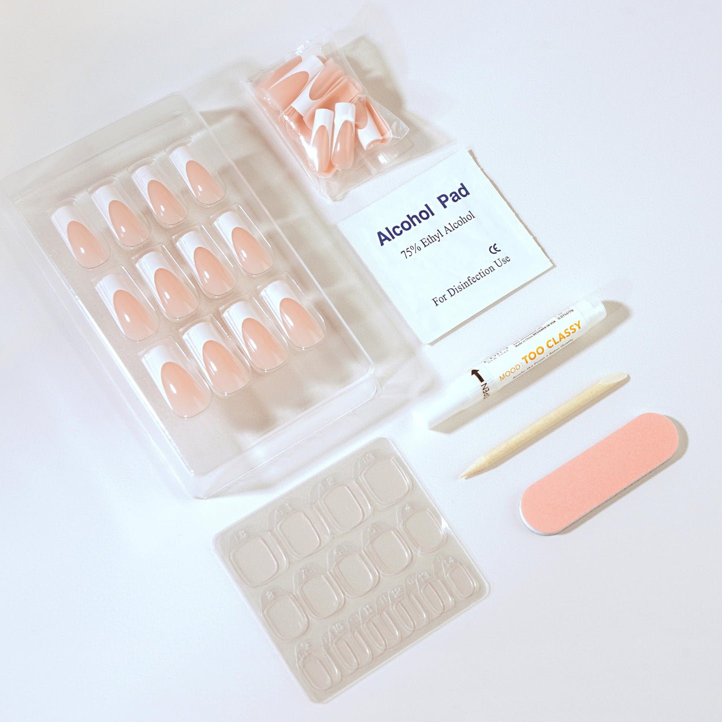 MOOD: TOO CLASSY Press On Nails - Bare with Me | Trendy Long Coffin Shape | Salon Acrylic Finish, Kit Includes 30 Nail Tips, Mini Glue, Adhesive Tabs, Nail File, Cuticle Stick, Prep Pad