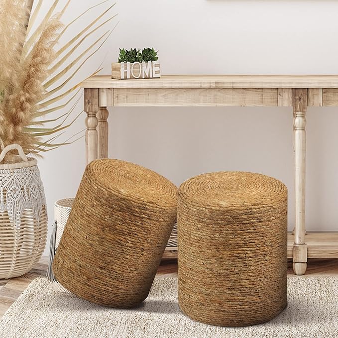 Wimarsbon Natural Seagrass Foot Stool, Hand Weaving Round Ottoman, for Living Room, Outdoor Seat (Natural)