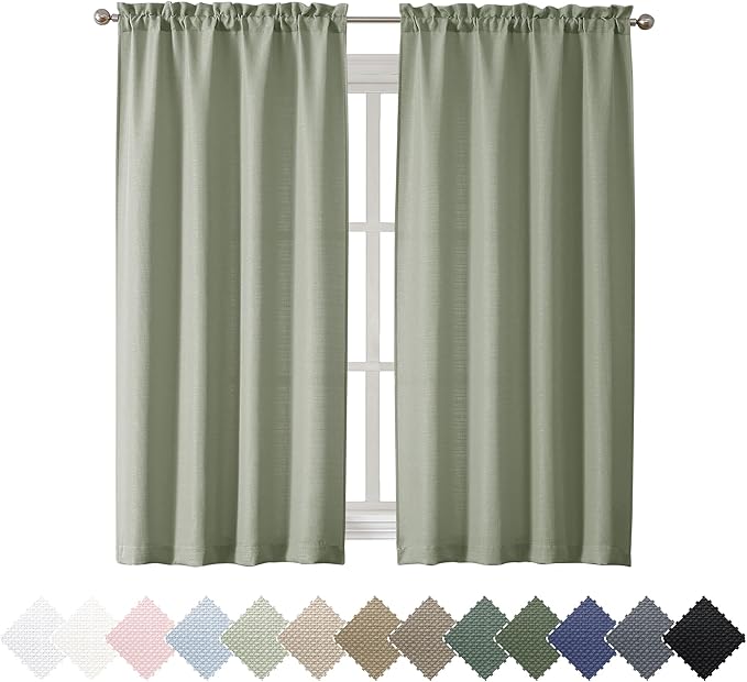 Chyhomenyc Bennet Light Green Curtains 63 Inch Length 2 Panels, Faux Linen Textured Semi Sheer Light Filtering Soft Airy Rod Pocket Window Treatment Drapes for Living Room Bedroom, Each 40" Wx63 L