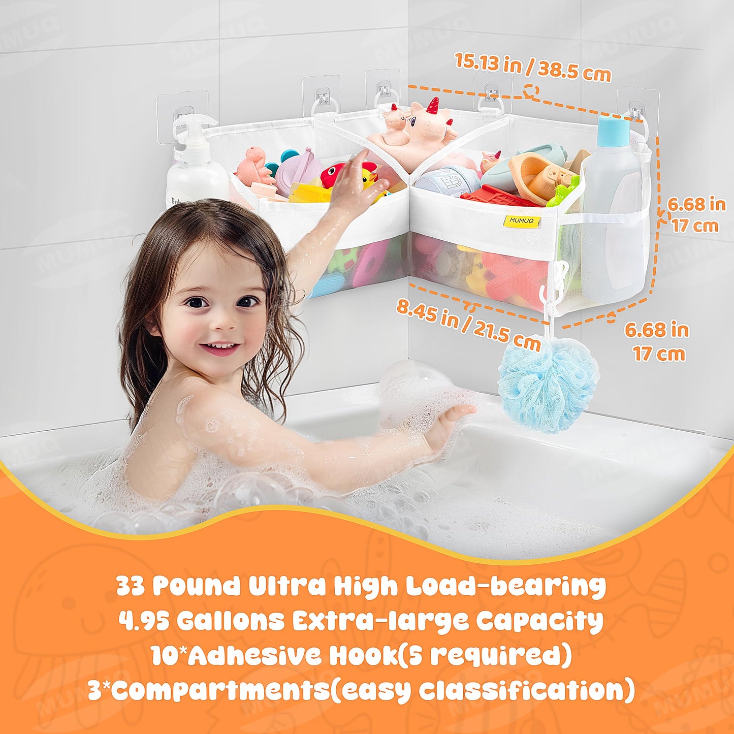 MUMUQ 3 Compartments Bath Toy Storage Corner Bath Toy Holder for Bathtub, Kids Tub Toys Organizer with Adhesive Hooks, Quick-Drying Machine-Washable Mesh Bathroom Organizer for Tidy Bathtub