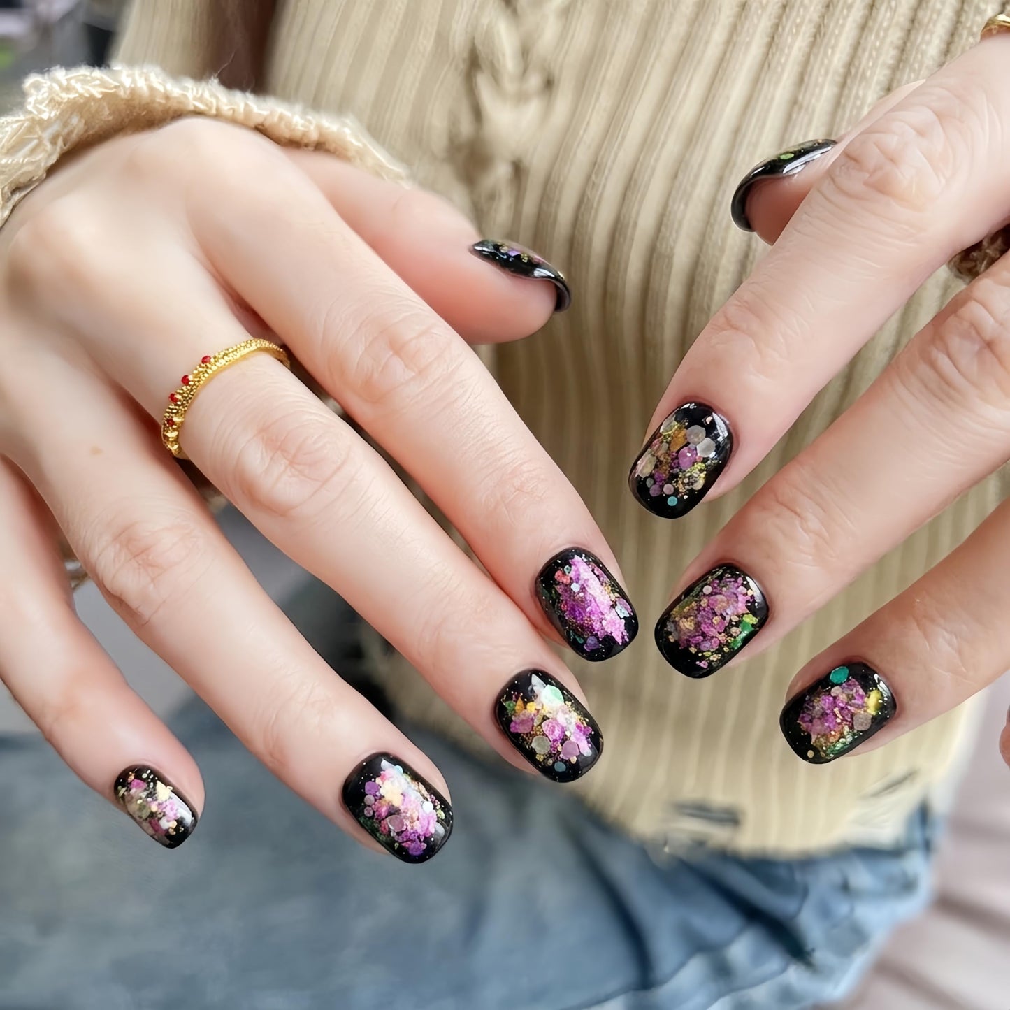 Fine Point Handmade Press-On Nails 10 PCS, Black Prism Short Squoval Nails, Iridescent Aurora Opal Foil Flake Glitter on Jet Black, Glossy Glass Shine Reusable, All Inclusive Kit (Size Medium)
