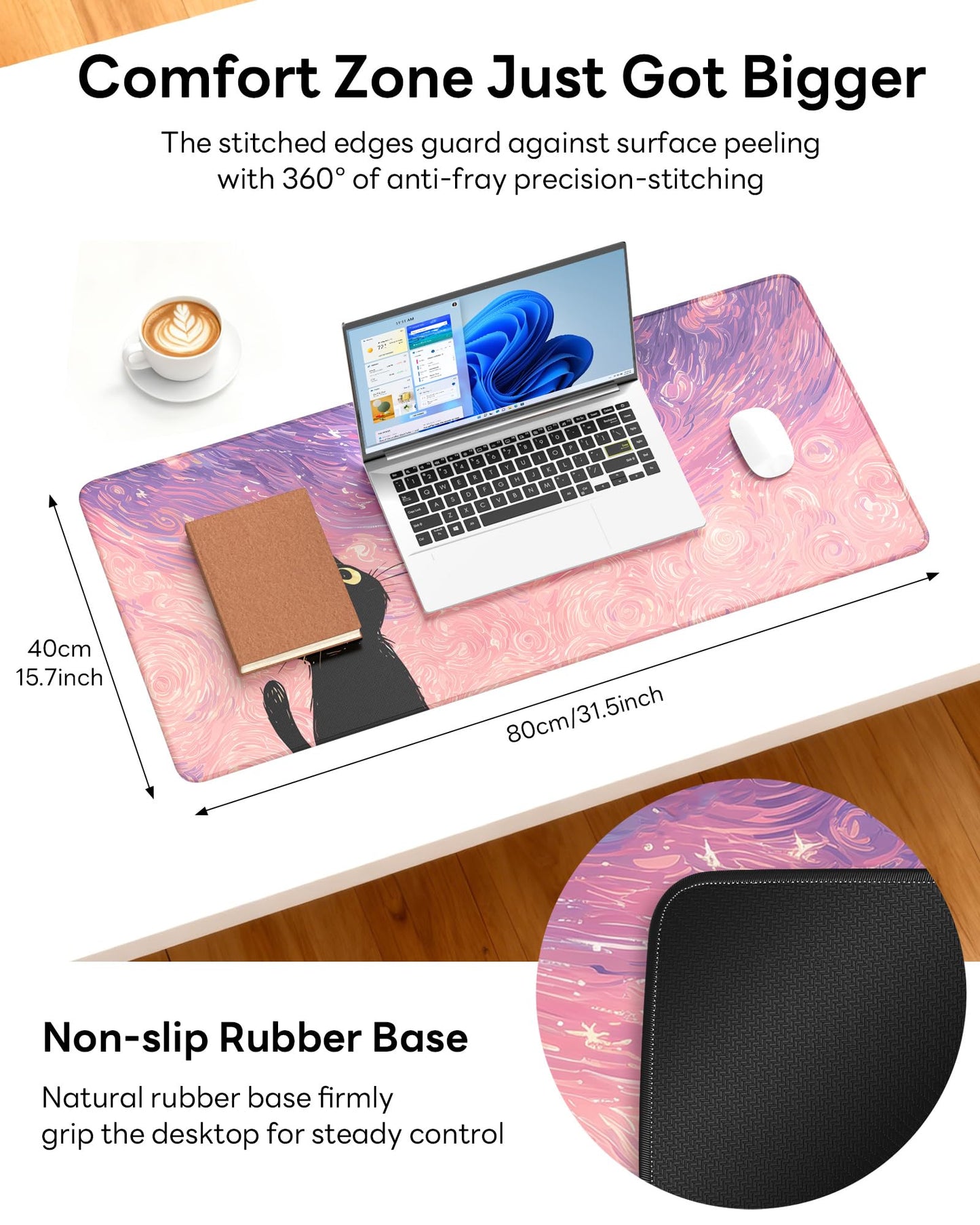 Velluxion XL Gaming Mouse Pad, 31.5x15.7'' Large Desk Mat with Anti-Slip Rubber Base & Stitched Edges for Gaming, Office, Home, Van Gogh Cat
