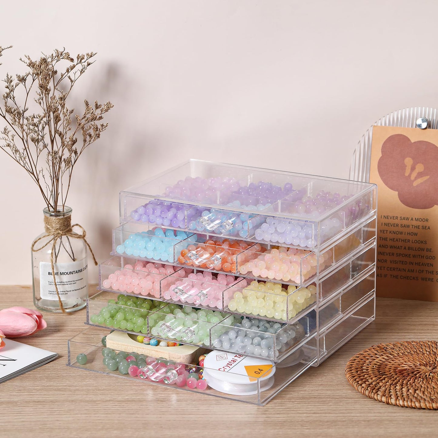 CLUQMEIK 5-Tier Large Bead Organizer Box, Acrylic Jewelry Storage Bead Containers with 5 Drawers, Suitable for Bracelet Making DIY Storing Beads Jewelry Rock Buttons.