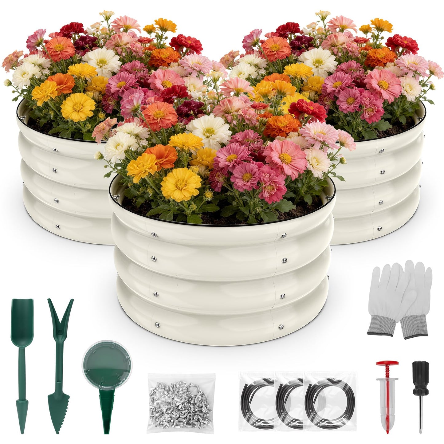SHALL 8PC Galvanized Raised Garden Bed Kit, 3Pc 2x2x1ft Round Planter Boxes Outdoor W/Mini Seed Spreader, Disk Seeder, 2X Seeding Transplanters, Protective Gloves for Flowers Fruits Vegetables Herbs