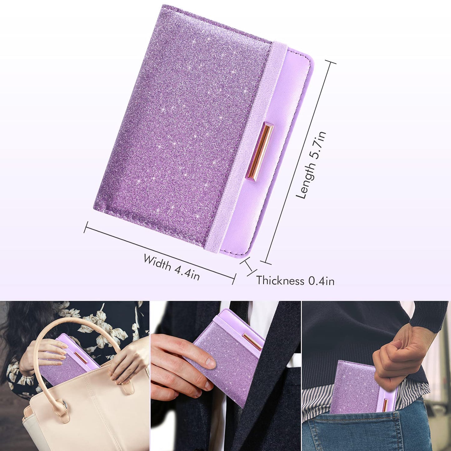 Caweet Passport Holder and Vaccine Card Holder Combo RFID Blocking Leather Vaccination Card Wallet with Elastic Band Closure, Glitter Purple