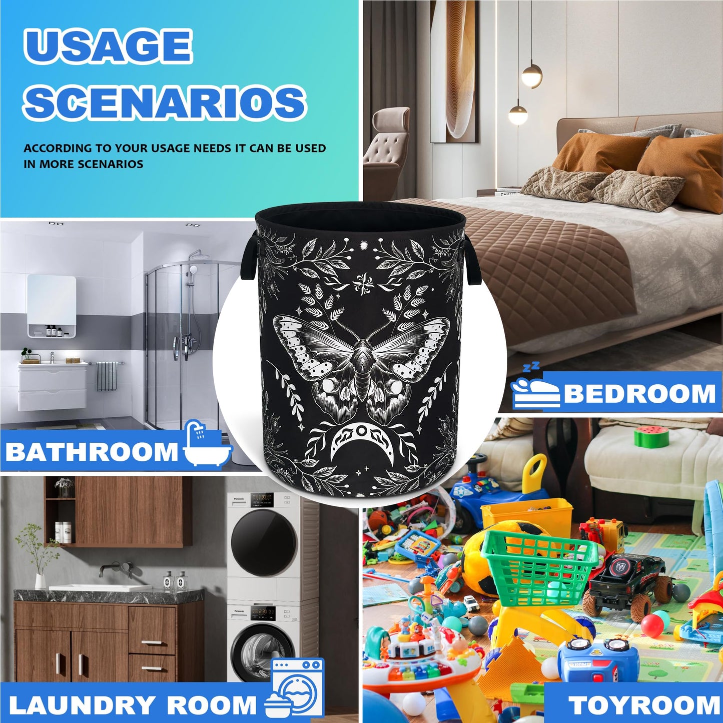 Moth Laundry Basket Oxford Cloth Funny Butterfly Laundry Hamper With Handle Foldable Portable Clothes Storage Basket 18.9 X 16.5 In Storage Bag For Laundry Room/Bathroom/Bedroom/Dormitories