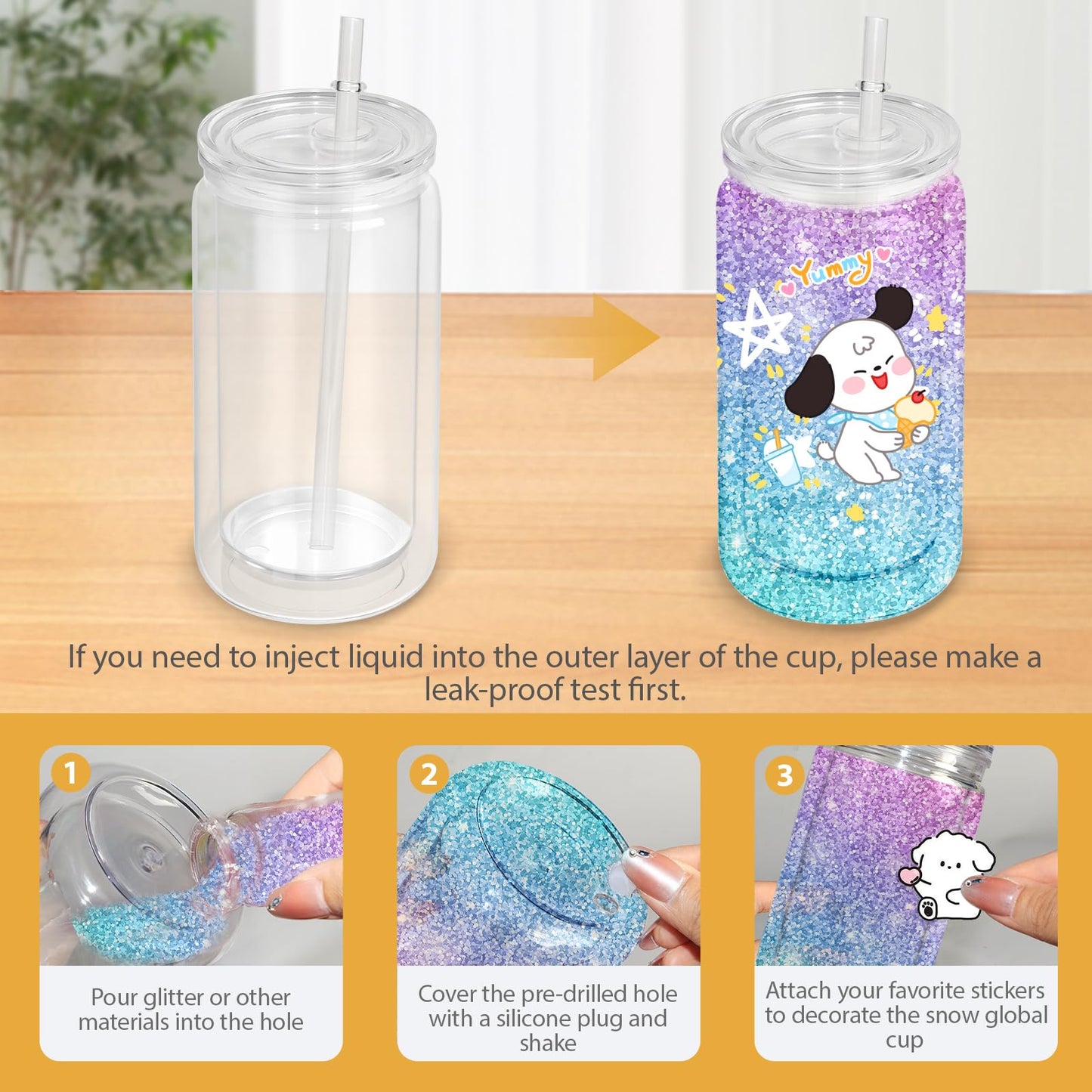 AZEAM 8 PCS Plastic Snow Globe Tumbler,16 oz Double Wall Tumbler with Pre Drilled Hole,Bulk Snow Globe Cups with Clear Lip and Straw,DIY Glitter Snowglobe(No gold powder)
