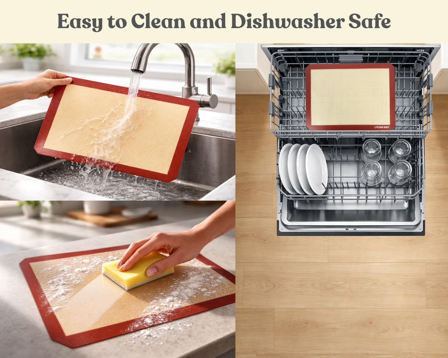 LYCIAN WAY Silicone Baking Mats Set of 2, Half Sheet Nonstick Reusable Baking Sheet Liners for Cookies, Macarons, Bread, Pizza, Pastry, Red