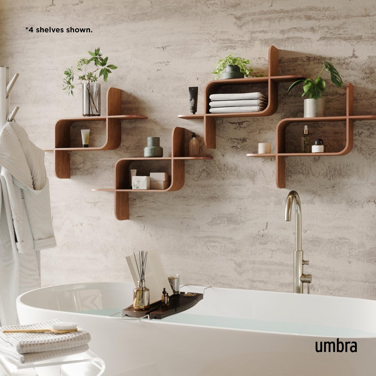 Umbra Montage Floating Wall Shelf Display Case, Made of Natural Bent Wood, Light Walnut