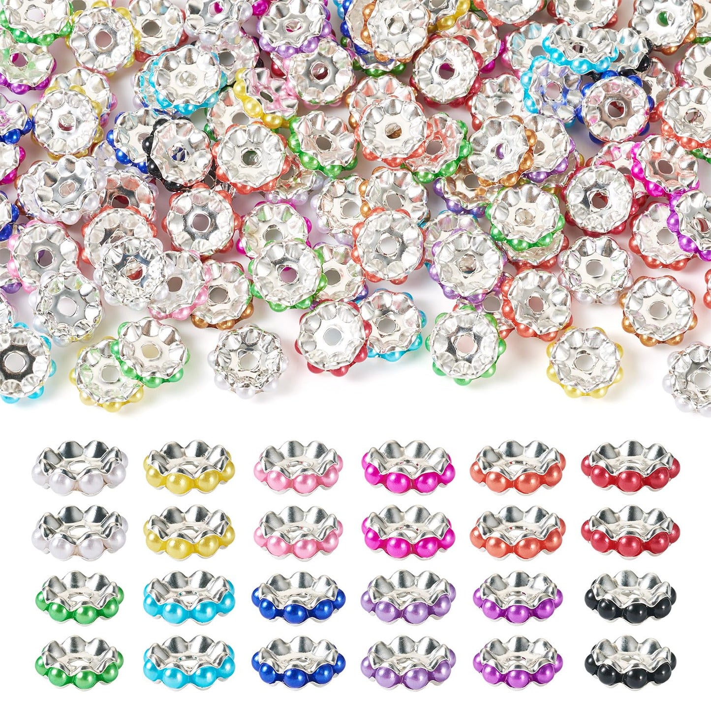 Beadthoven 100pcs Pearl Rondelle Spacers Beads for Pens 14mm Flat Round Large Hole Rhinestone Beads for Bracelet Plastic Pearls Crystal Focal Spacers for Jewelry Making DIY