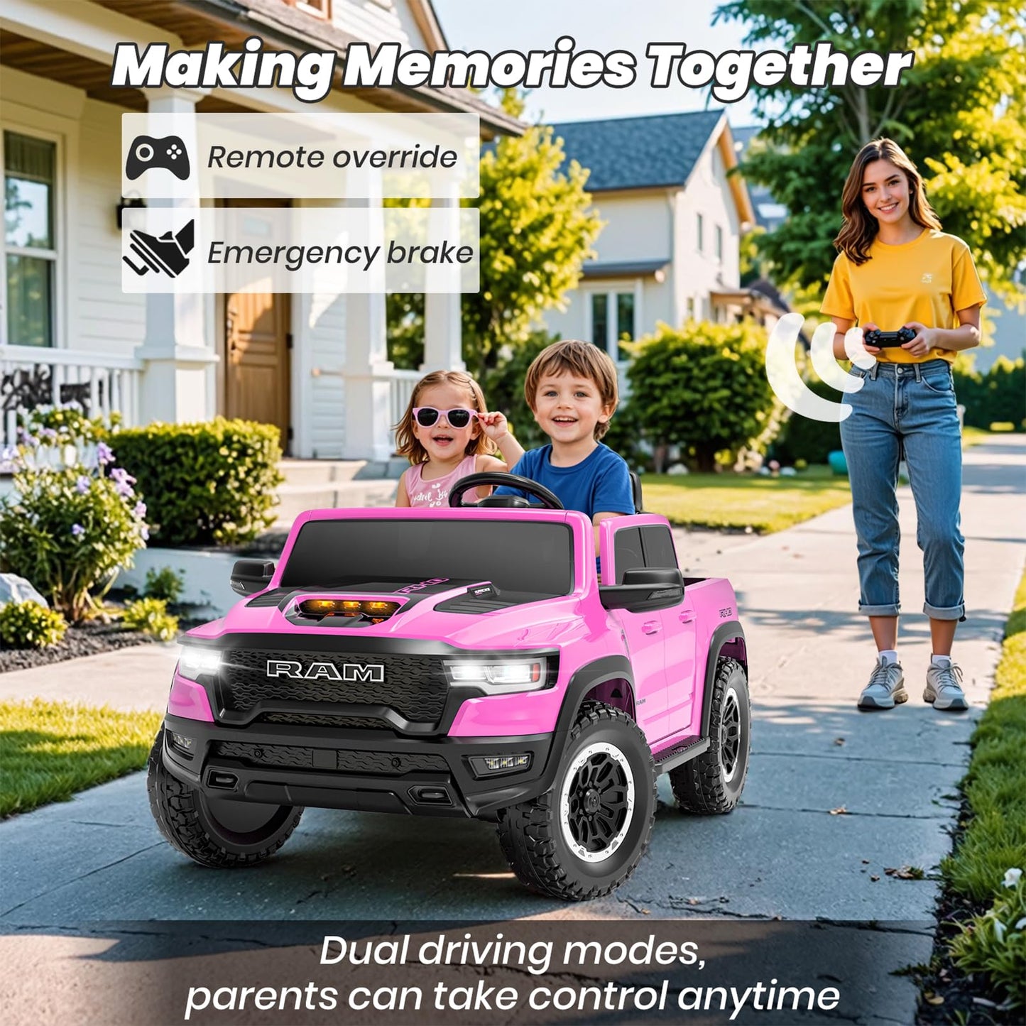 Segmart Licensed RAM 1500 RHO 2 Seater Electric Car, 24V Ride on Car for Big Kids with Remote Control, Toddler Ride on Toy w/4 Wheels Suspension, LED Lights, Bluetooth, Soft Start Function (Pink)