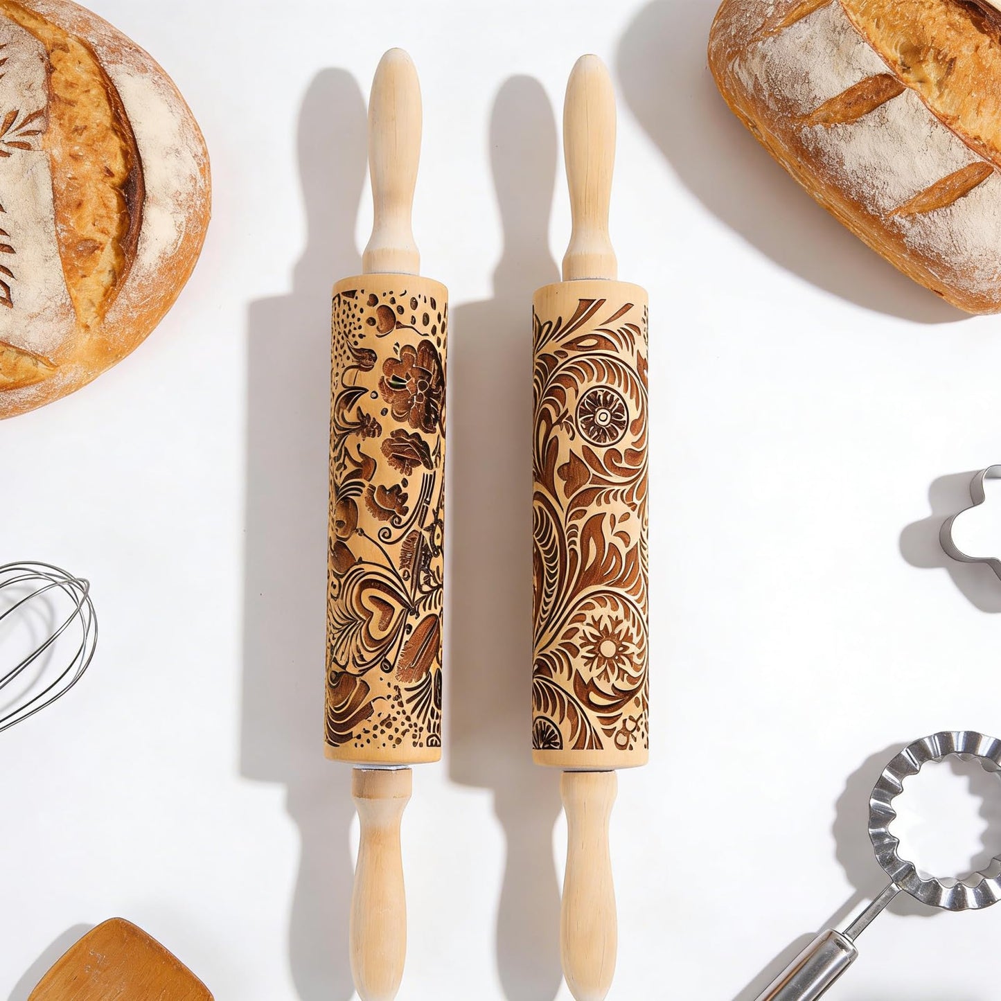 2 Pack Wooden Embossed Rolling Pin with Handles, Hardwood Dough Roller with Engraved Patterns, Kitchen Essential for Baking Pizza, Pies, Pastry, Cookies & Decorative Dough
