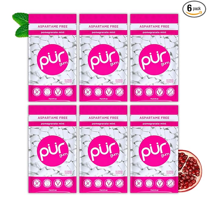 PUR Gum | Aspartame Free Chewing Gum | 100% Xylitol | Natural Pomegranate Mint Flavored Gum, 55 Pieces (Pack of 6)