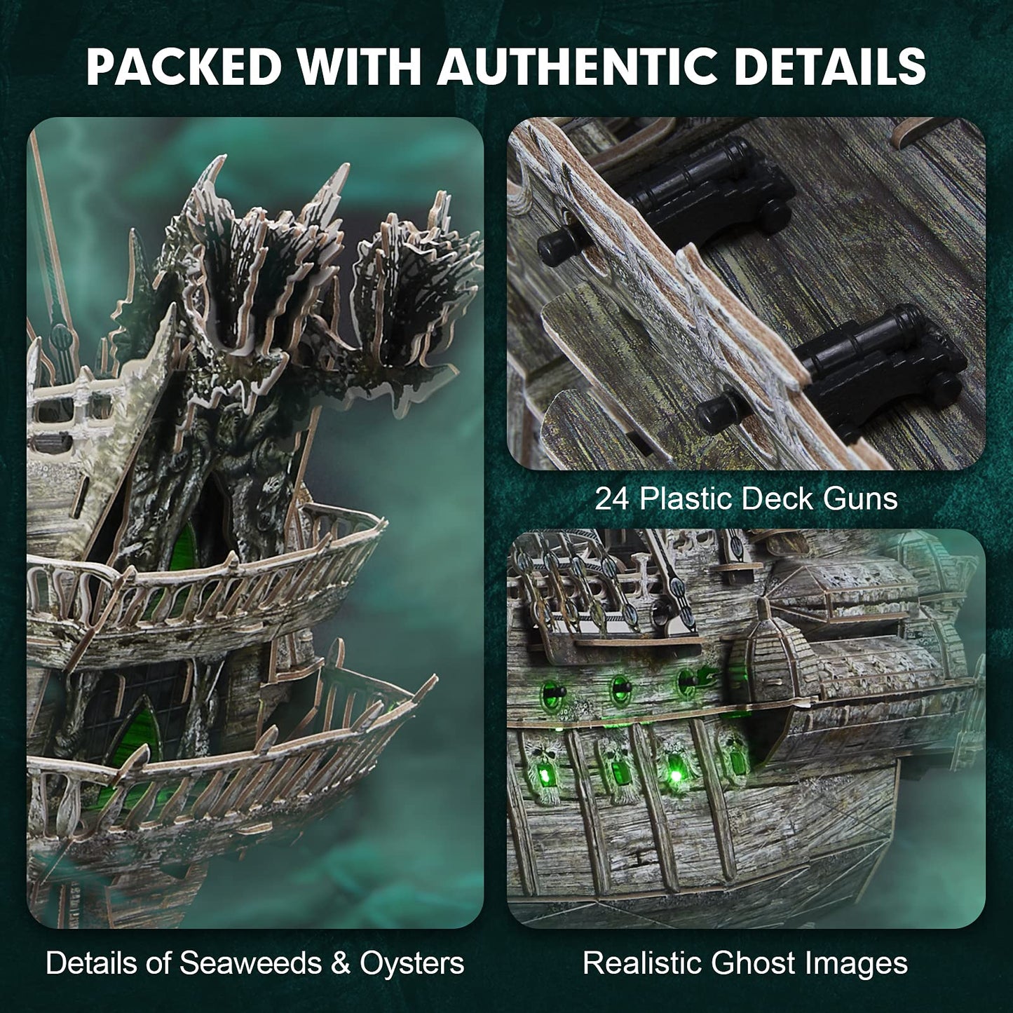 CubicFun 3D Puzzles for Adults Green LED Flying Dutchman, 360 Pieces Pirate Ship Arts & Crafts for Adults Gifts for Men Women Model Kit, Lighting Ghost Ship Easter Gift for Him