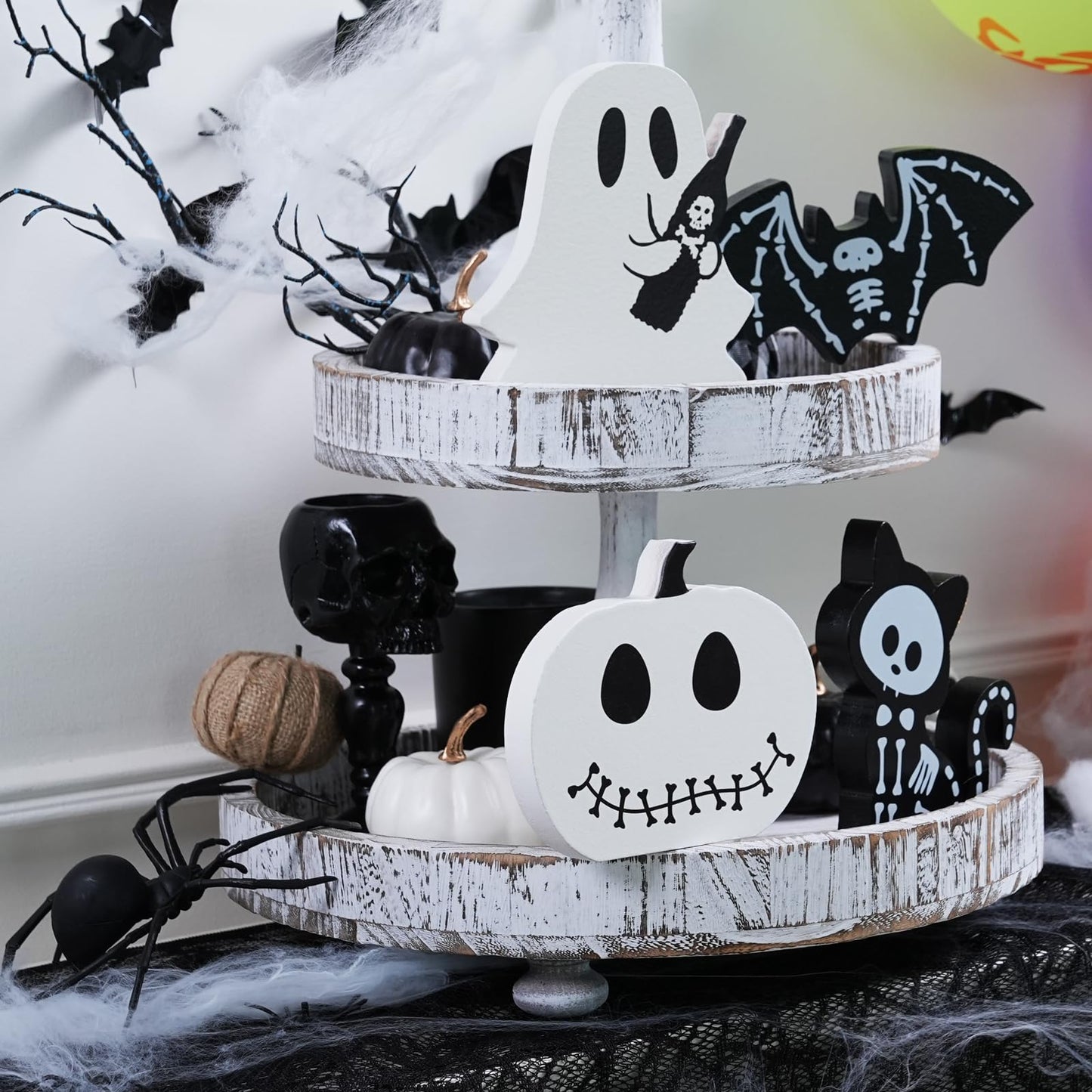 4PCS Halloween Decorations Indoor, Halloween Tiered Tray Decor Table Sign, Halloween Wooden Signs Ghost Bat Pumpkin Cat Blocks Signs, Table Decor Halloween Party Decorations for Mantle Home Shelf