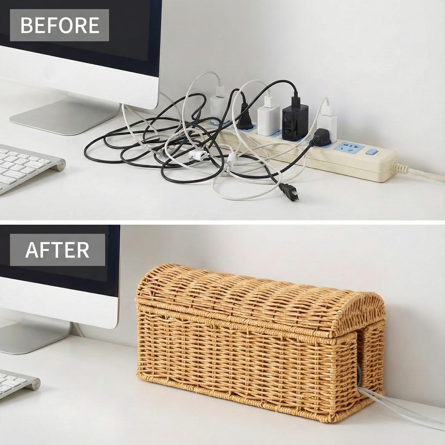 Handwoven Rattan Cable Management Box - Box to Hide Cords and Power Strip, Treasure-Box Dome-Top, Metal Baked Enamel Skeleton, Decorative Home Organizer