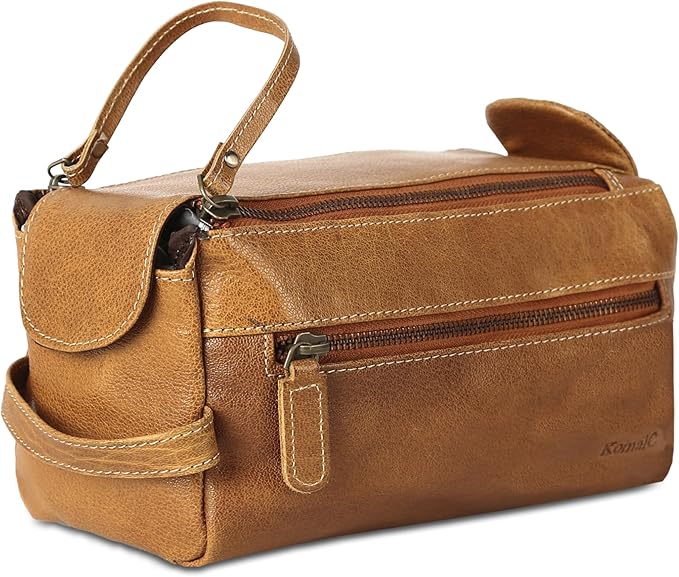 KomalC Premium Buffalo Leather Toiletry Bag for Men & Women – Leather Dopp Kit With Water resistant Lining, Premium Toiletry Travel Pouch, Unisex Wash Bag for Toiletries, Gifts for Men and Women